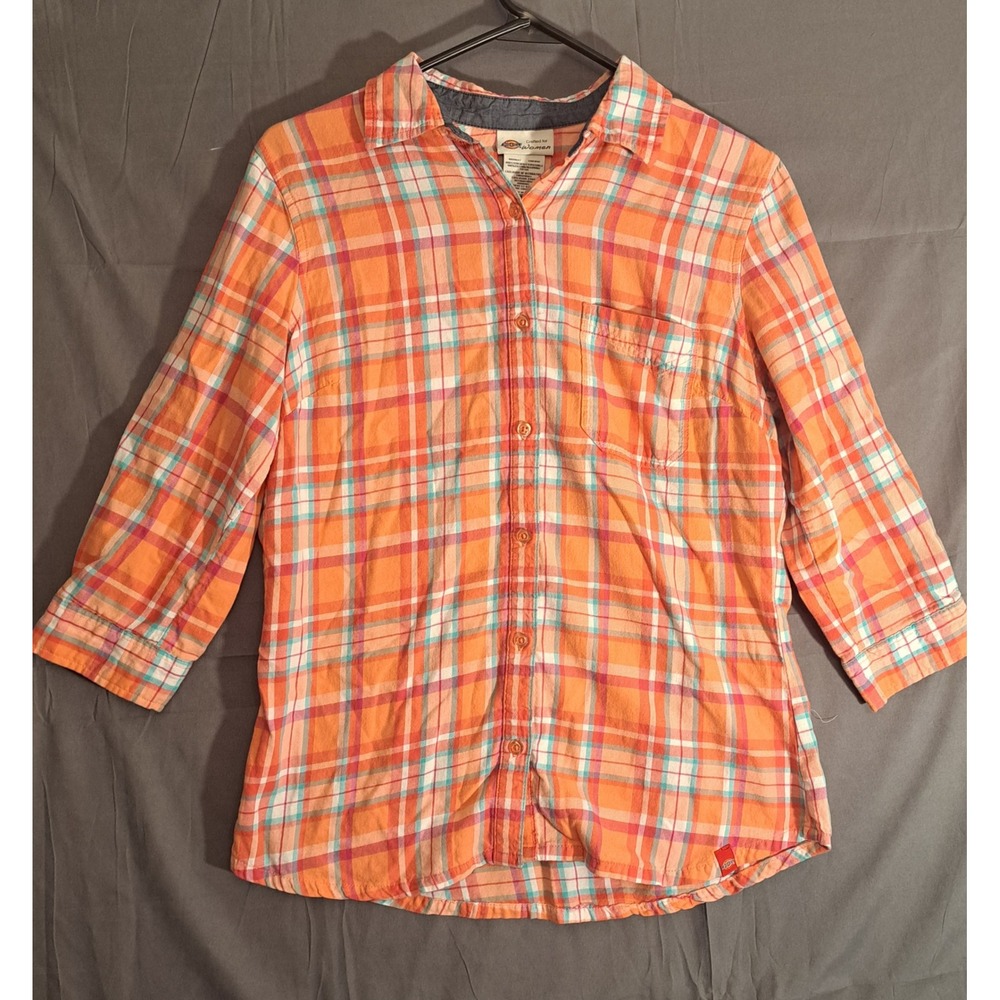 Dickies Plaid Flannel Button Up Shirt Women's‎ Size Small Pink Workwear